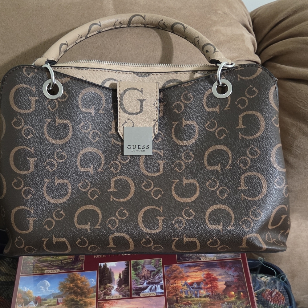 Guess Brown and Tan Satchel with Signature Style